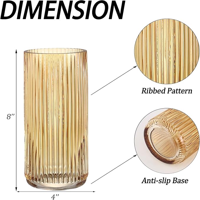 Ribbed Glass Vase, Amber Glass Vase, Flower Vase for Bouquet, Glass Vase for Flowers, Modern Vase, Ribbed Vase for Living Room, Bathroom, Dining Table, Office, Wedding, Centerpieces, 8 Inches
