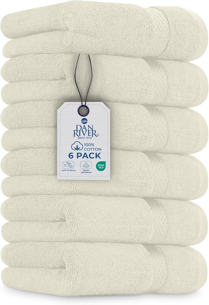 DAN RIVER 6-Pack Premium Hand Towels (16x28 Inches) - 100% Cotton, Ultra Soft, Lightweight, Highly Absorbent Towels for Bathroom, Spa, Gym, Salon, Hotel, and Travel - 550 GSM – Ivory