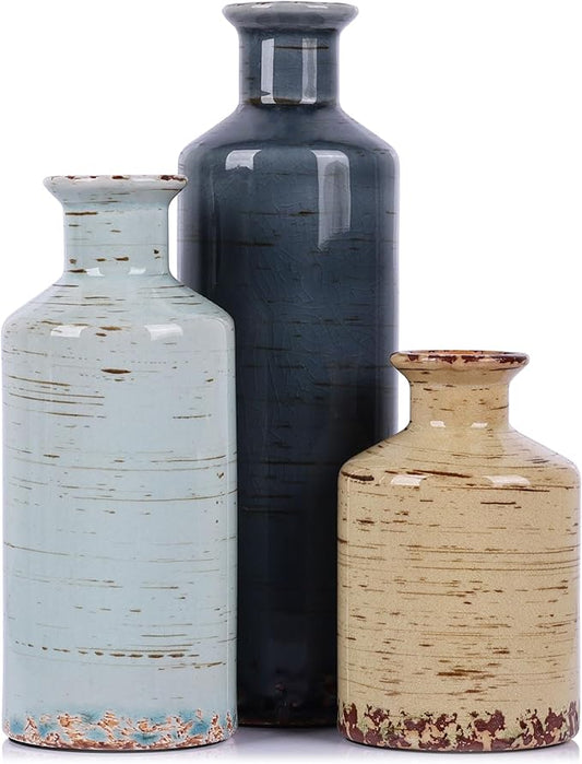 Ceramic Vase Set of 3-3 Neutral Vases Home Decor, Farmhouse Country Flower Vase, Vases for Centerpieces, Living Room Decoration, Table Decoration, Fireplace Decor, and Entrance Decorations