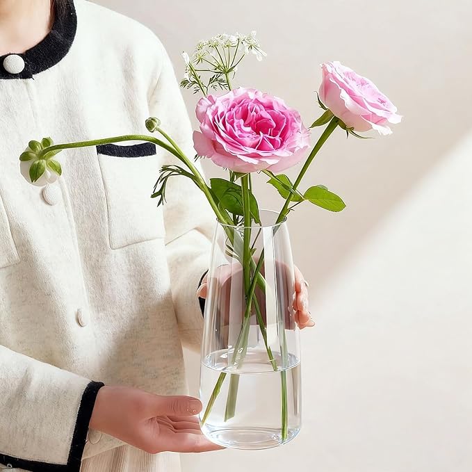 Crystal Clear Glass Vase, Flower Vase for Table Centerpiece Home Decor, Modern Vases for Living Room, Wedding, Office, Coffee Table, Birthday Housewarming Gift, 8.3inch (Clear)