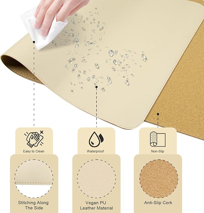 Non Slip Desk Mat, 31.5" x 15.7" PU Leather Desk Pad, Cork Desk Mat for Desktop, Desk Pad for Keyboard and Mouse, Ideal for Office and Home, Apricot