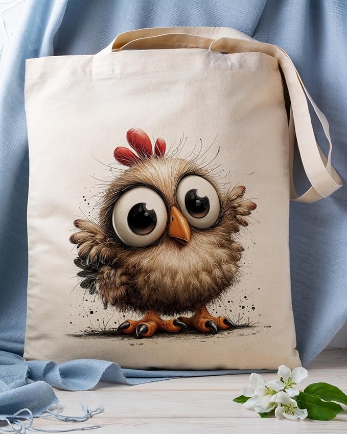 Cute Little Chick Canvas Tote Bag, Cute Animal Themed Totes, Funny Watercolor Chickens Reusable Shopping Bags, Shoulder Bags for Casual Vacation Shopping Work