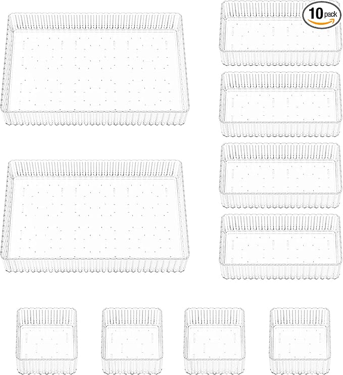 10 Pcs Clear Drawer Organizers, 3 Sizes Stackable Makeup Vanity Drawer Organizer Trays, Dresser Bathroom Desk Drawer Organizers Storage Bins Tray for Jewelry Makeup