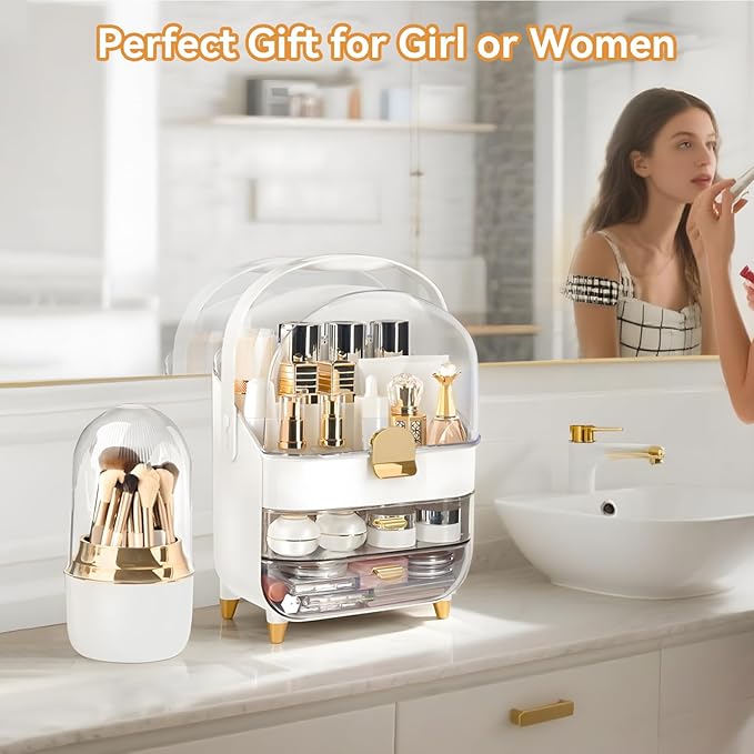 Makeup Organizer Countertop, Skincare Bathroom Counter Organizer, Storage Box Cosmetic Display Cases, Teen Girl Gifts Trendy Stuff Make up Organizers for Vanity, Dresser (Rose Gold)