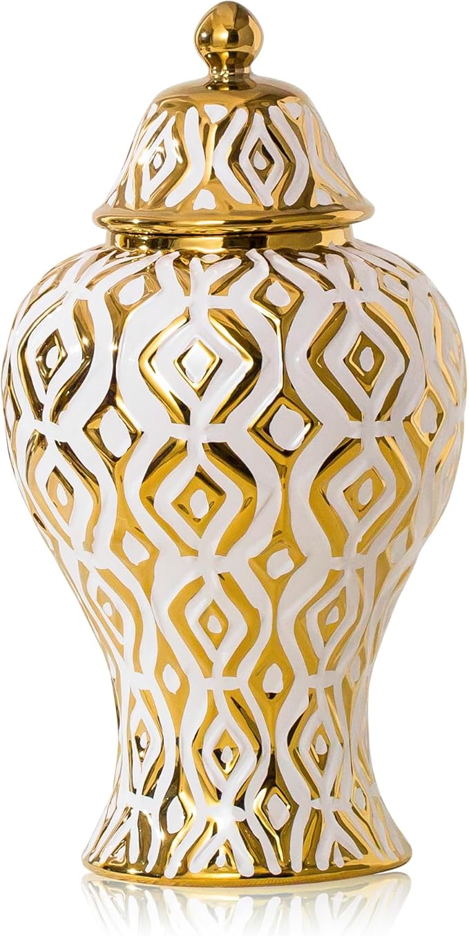 White and Gold Vase with Lid, Ginger Jars for Home Decor, Ceramic Flower Vase for Home, Kitchen, Bookshelf Decor, Storage jar, Table Center Vase, Centerpieces Jarrones(12.59in)