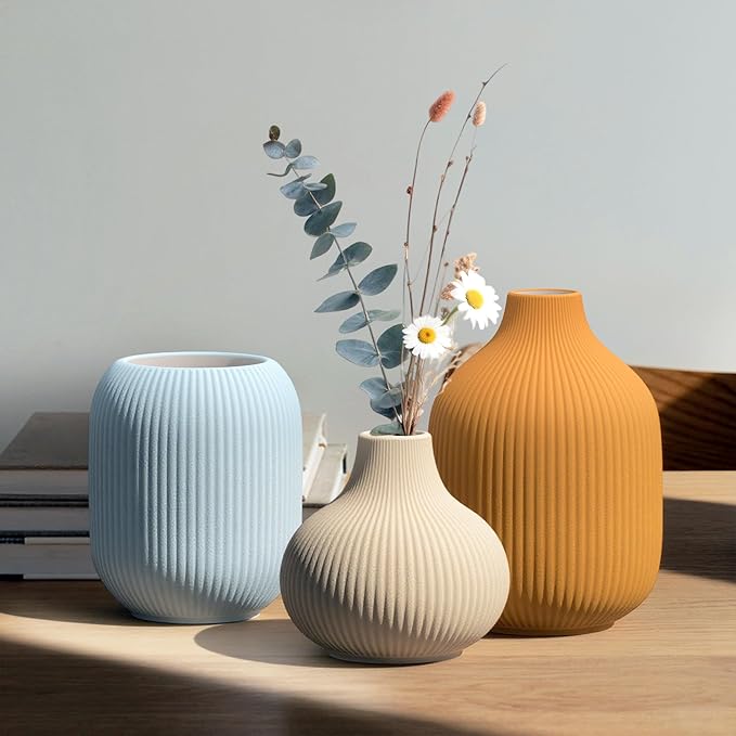 Set of 3 Vibrant Ceramic Vases in Light Blue, Mustard Yellow and Beige - Modern Minimalist Ribbed Decor for Centerpiece, Farmhouse Living Room, Kitchen Shelf, Gift Idea