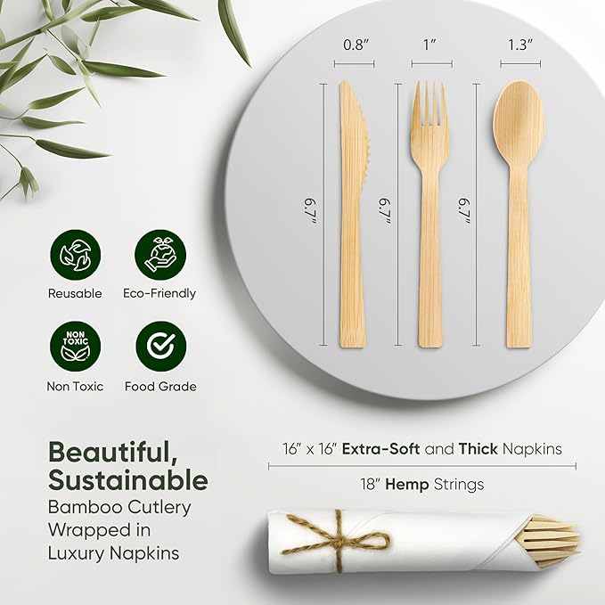 Premium Pre-Rolled Napkin and Bamboo Cutlery Set (30 Pack, 120 PCS) 100% Biodegradable, Eco-Friendly, Disposable Wrapped Cutlery - Includes Pre-Wrapped Bamboo Forks, Knives, Spoons, & Napkins