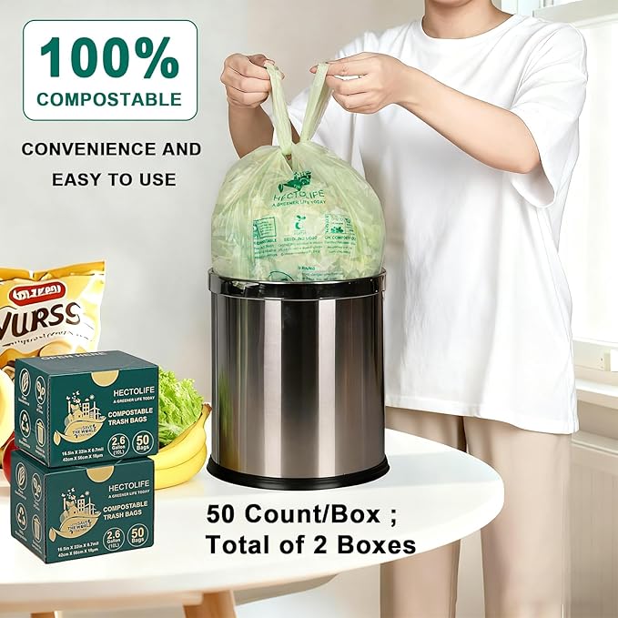 2.6 Gallon 100 Count,Compostable Bags Handle Tie,Tear Resistant Kitchen Food Scrap Waste Bag, ASTM D6400, US BPI and Europe OK Compost Home Certified