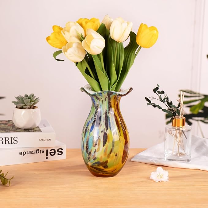 KAMMAK Colored Glass Vase, Beautiful Hand Blown Decorative Vase, Modern Art Vase for Flower Mantle Dining Table Centerpiece, Entryway Living Room Wedding Decoration, FH008