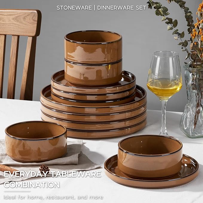 Onader Dinnerware Dishes Sets for 8, Stoneware Plates and Bowls with Unglazed Terracotta Bottom, Ceramic Kitchen Dinner Dish Set 24 Piece - Earthy Umber