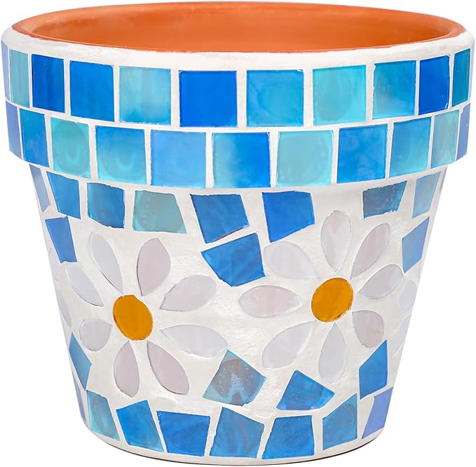 4" Mosaic Terracotta Flower Pot Small Succulent Planter with Drainage Mini Succulent Nursery Pot for Indoor Outdoor Plants Light Blue