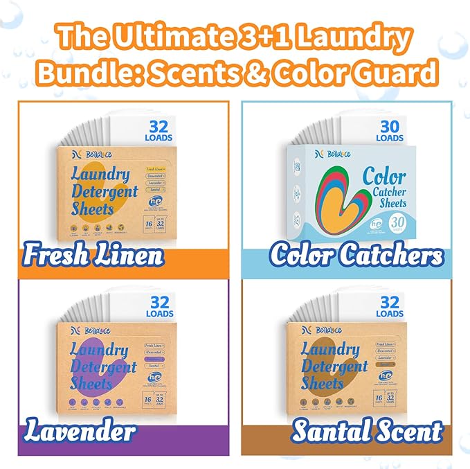 Color Catchers for Laundry 30 Pcs + Laundry Detergent Sheets Fresh Linen 16 Pcs + Laundry Detergent Sheets Lavender 16 Pcs + Santal 16 Pcs