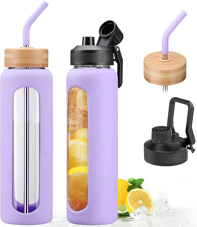 32oz Glass Water Bottle with Straw and 2 Lids- Bamboo and Spout Lid,Motivational Sports Water Bottle with Silicone Sleeve and Time Marker,Reusable for Gym, Outdoors, Purple