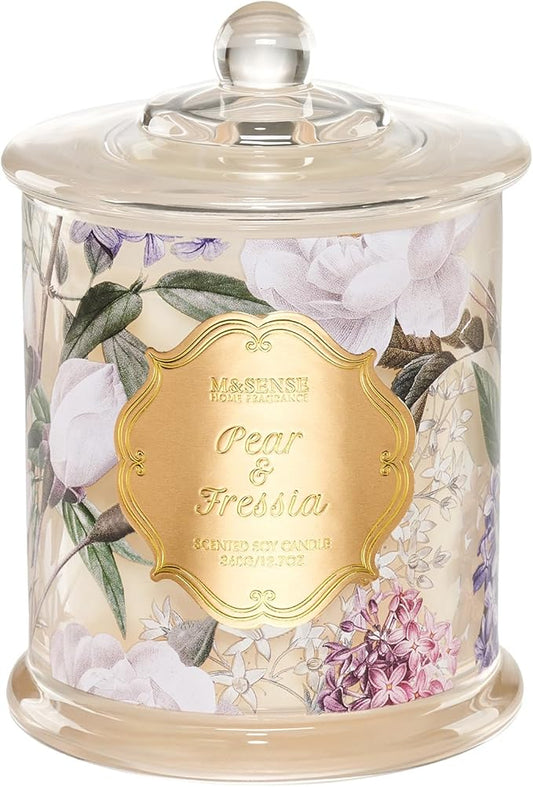 M&SENSE Pear Fressia Candles Home Scented, Organic Soy Candle 12.7oz 75 Hour Long Lasting Slow Burning, Spring Floral Fragrant Relaxing Aromatherapy Candle, Aaesthetic Candle Gift for Women