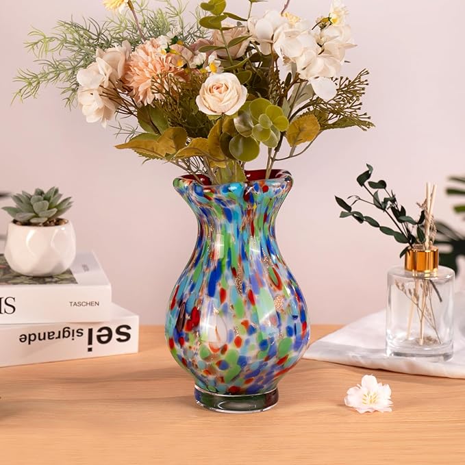 KAMMAK Colored Glass Vase, Beautiful Hand Blown Decorative Vase, Modern Art Vase for Flower Mantle Dining Table Centerpiece, Entryway Living Room Wedding Decoration, FH011