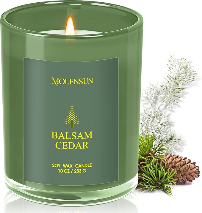 Balsam Cedar Candle, 10oz Soy Scented Candle for Home, Christmas Birthday & Holiday Gifts for Women & Men, Long Lasting 50+ Hour Clean Non-Toxic Burn, Elegant Winter & Christmas Festive Home Decor