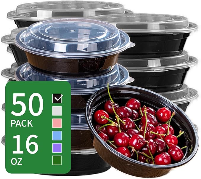 Meal Prep Containers with Lids, Round Shape, 50 Packs (100 Pieces) 16 Oz, Black Color, Meal Bowls, Round To Go Containers, BPA-Free, Freezer & Dishwasher Safe