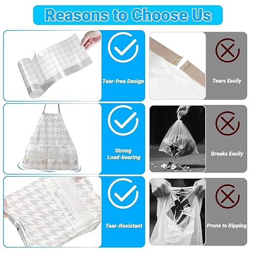 OKKEAI 2.6 Gallon Trash Bags White Drawstring Small Bathroom Garbage Bags – 90 Count Tear-Free, Heavy Duty Printed Liners, Leak-Proof White Trash Bag for Kitchen, Office, Multipurpose Use