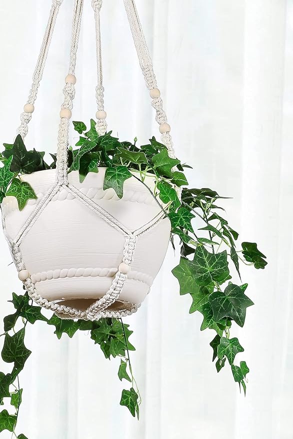 43 Inches Macrame Planter Hanger Large for 12 inch Pot + Swag Hook (Extra Long & Big) | Large Hanging Planter for Indoor Plants | No Tassel, Cotton Rope, NO Pot/Plant Included (Beige)(XL)
