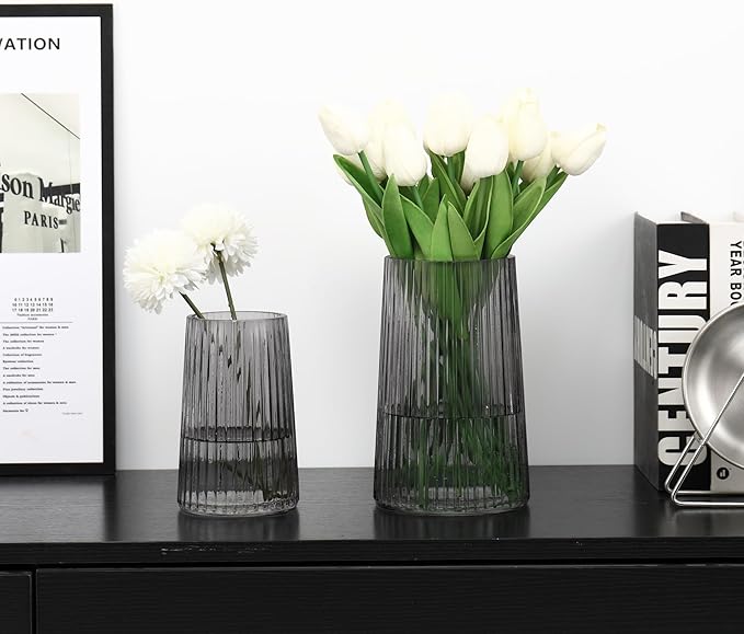 Ribbed Flower Vases Set of 2, Black Vases for Flowers, Flower Vase for Bouquet, Modern Ribbed Glass Vase for Living Room, Bedroom, Dining Table, Office, Wedding, Centerpieces