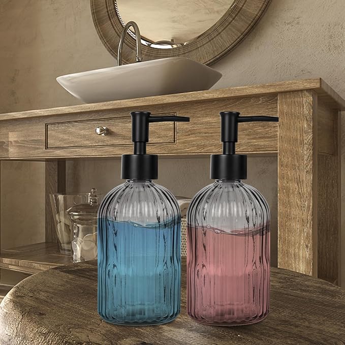 2 Pack 11oz Glass Soap Dispenser with Plastic Pump, Vertical Stripe Design Refillable Hand Soap Dispenser for Hand Wash, Bathroom and Kitchen