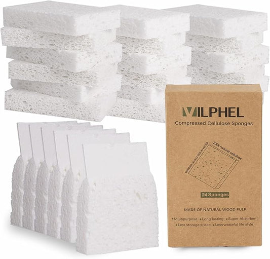 White Plant Based Kitchen Sponges, 24 Count, Dehydrate Cellulose, Natural Organic, Non-Scratch, Recycled Bio-Based, for Dishes and Countertop, Household Cleaning