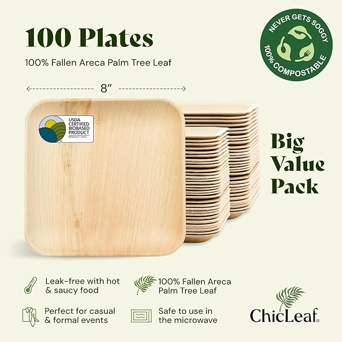 Chic Leaf Square Bamboo Palm Leaf Disposable Plates - 8" Pack of 100 - Biodegradable & Compostable Dinnerware - Disposable Party & Appetizer Plates - Eco-Friendly Dessert Trays for Christmas Meal