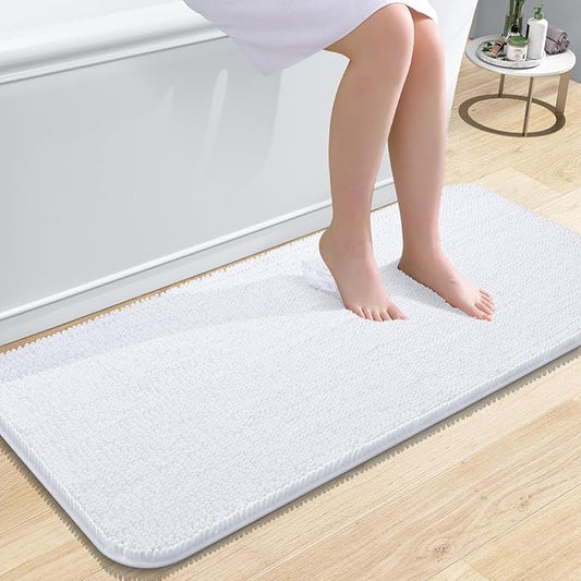 OLANLY Bathroom Rugs 47x20, Extra Soft Absorbent Chenille Bath Rugs, Rubber Backing Quick Dry, Machine Washable Bath Mats for Bathroom Floor, Tub and Shower, Home Decor Accessories, White