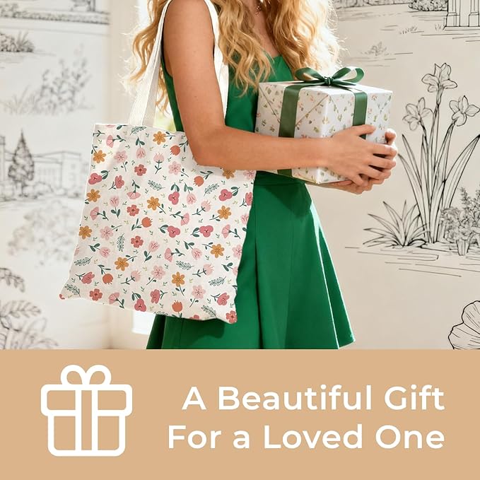 Cute Aesthetic Canvas Tote Bag for Women, Reusable Foldable Shopping Cotton Shoulder Totebag with Zipper Pocket