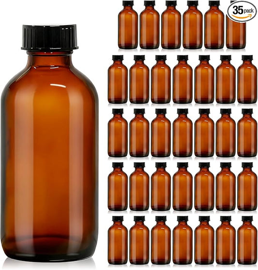 35 Pack 4 oz Amber Glass Boston Round Bottles with Phenolic Polycone Caps – Airtight, Leak-Proof Bottles for Vanilla Extract, Kombucha Brewing, Essential Oils, and Homemade Solutions