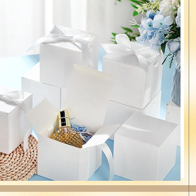 48 Pcs Christmas Gift Boxes with Ribbon Small Party Favor Boxes with Lids Mini Treat Candy Container for Wedding, Party, Birthday, Valentine's Day and More(White,4 Inch)