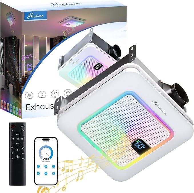 Smart Bathroom Exhaust Fan with Bluetooth Speaker, 230 CFM 1.0 Sone Exhaust Fan with Humidity & Odor Sensor, Remote/App/Voice Control, Adjustable LED Lighting & Dynamic RGB Mood Light (White)
