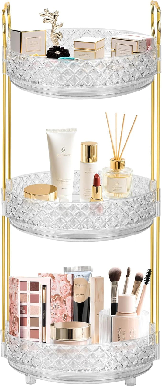 360 Rotating Rotating Makeup Organizer for Vanity, 3 Tier Perfume Skincare Organizers and Storage for Bathroom Countertop, Clear Spinning Counter Cosmetic Holder for Dresser,Clear