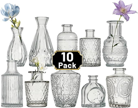 Glass Bud Vase Set of 10 Pcs Small Minimalist Vases for Flowers, Vintage Rustic Home Decor for Table Centerpiece Wedding Party, Modern Clear Aromatherapy Bottle for Living Room Bedroom