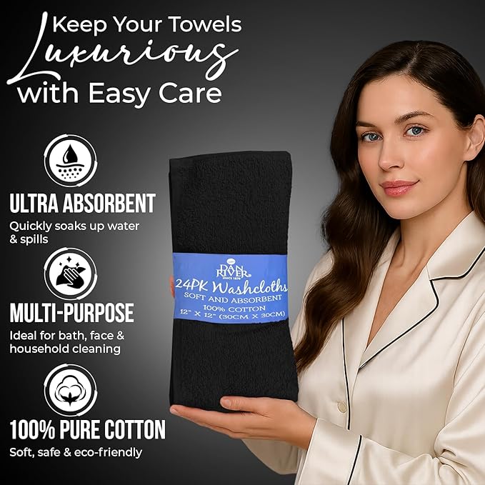 DAN RIVER 100% Cotton Wash Cloths 24 Pack [12x12] Soft & Absorbent wash Cloths for Body, Gym, Hotels & Spa Perfect for Everyday Use Fingertip Towels, Black