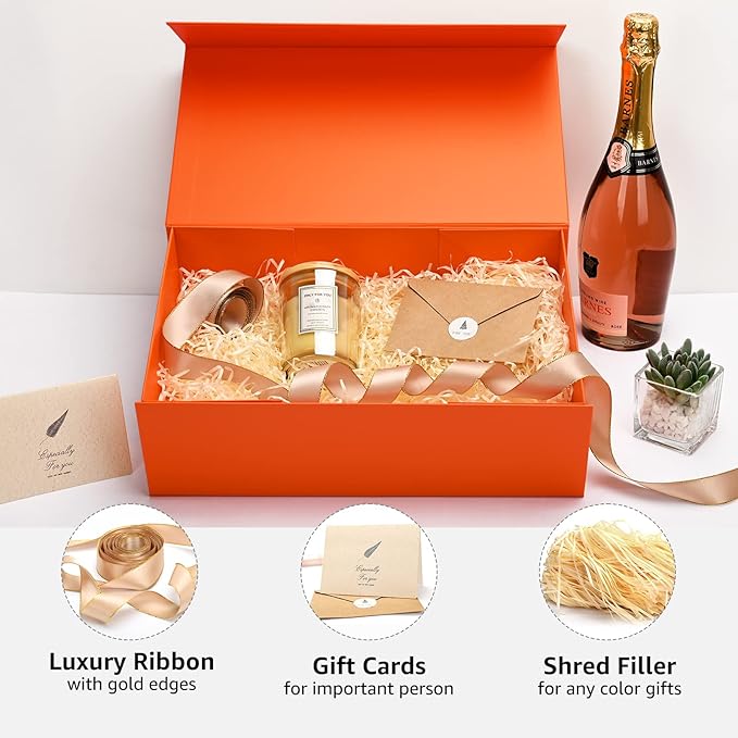 LIFELUM Gift Boxes 13.85 x 8.35 x 4.45 inch 5 Pack Gift Boxes with Lids Contains Card, Ribbon, Shredded Paper Filler (Orange)