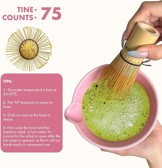 Matcha Whisk Set,9 Pcs Matcha Set with Matcha Bowl,Spout, Bamboo Whisk, Spoon Stand, Scoop, Sifter, Towel, Teaspoon and Glass Measuring Cup for Making Breakfast/Latte, Gift for Matcha Lover, Pink