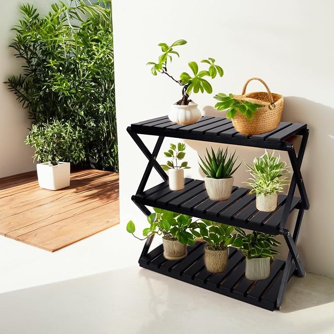 BEEFURNI Acacia Stand Indoor, Wooden Outdoor Plant Stand, Foldable Corner, 3 Tier Plant Stand, Easy Assembly, Plant Bench Patio Balcony Sunroom Decor, Christmas Gift, 1-year Warranty