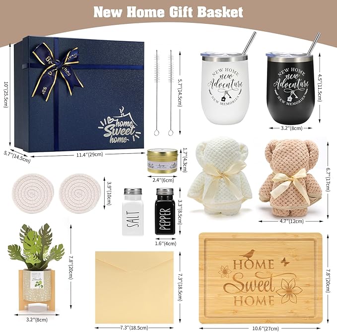 House Warming Gifts New Home, 12 Pcs Housewarming Gifts Basket for New House with Gift Box Packaging, 3D Botanical Greeting Card, Cutting Board for Couple, Closing Gifts for Home Buyers