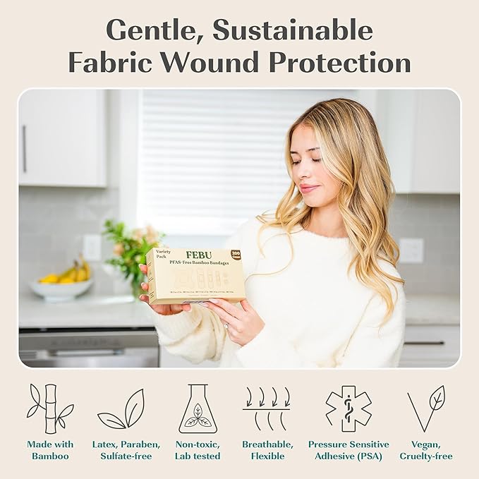 FEBU Eco-Friendly Bamboo Fabric Bandages | PFAS Free Bandages for Scrapes & Cuts | Flexible Fabric Bandage | Fully Compostable, Latex Free Bandage | 200 Count Bulk Variety