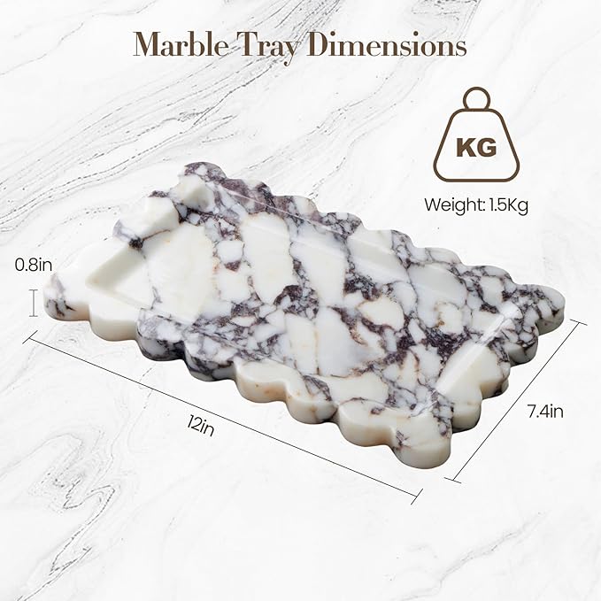Calacatta Viola Natural Marble Tray, Scalloped Bathroom Tray, Luxury Decorative Trays for Bathroom, Vanity, Dresser, Kitchen & Home Decor, House Warming Gifts New Home (Rectangle,12x7.4 Inch)