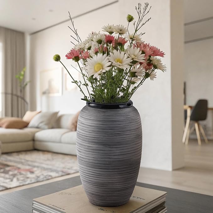 ALMA Large Black Vase Home Decor, 12'' Tall Gray Boho Decorative Vase with Wide Mouth, Ceramic Table Pampas Grass Vase for Centerpieces, Living Room, Farmhouse, Entryway, Mantel, Bookshelf