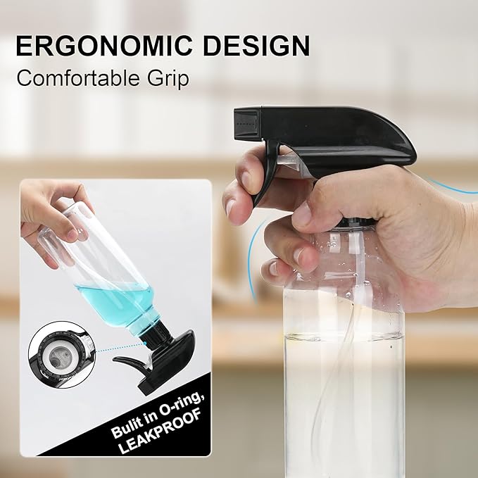 Spray Bottles Plastic Spray Bottle for Hair Mist/Stream Heavy Duty Empty Spray Bottles for Cleaning Solutions, Plants, Cooking (16.9oz-Blackclear+nozzle)