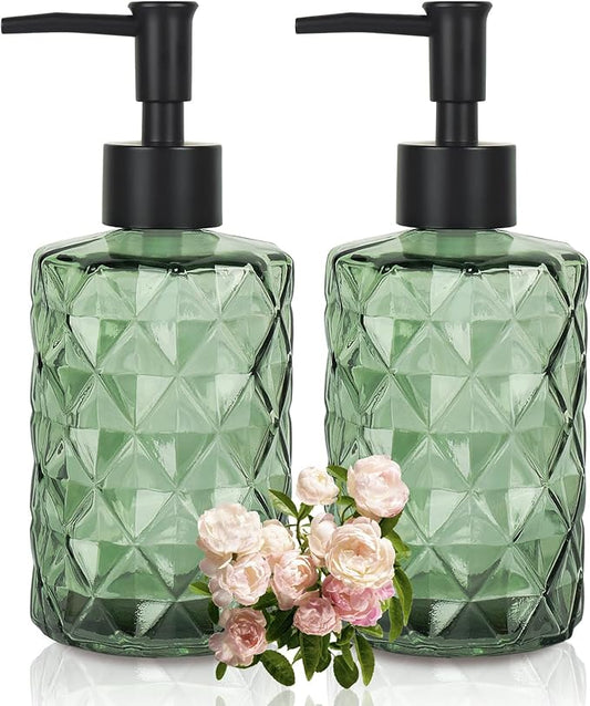 Clear Green Glass Soap Dispenser with Pump, 12oz Diamond Design Hand Soap Dispenser, Refillable Lotion Dispenser & Dish for Dishwashing Liquid, Shower Gel