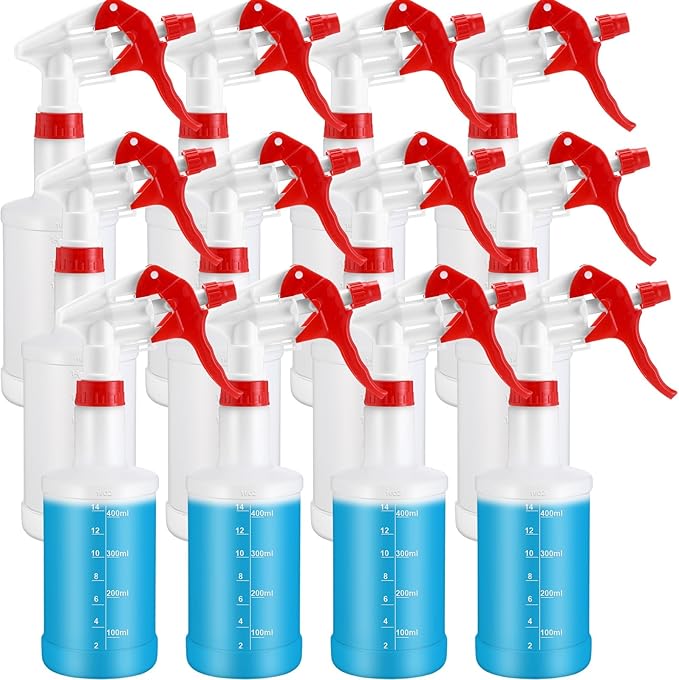 Eccliy 12 Pcs 16 Oz Plastic Spray Bottle, Adjustable Empty Reusable Sprayer for Cleaning, Planting, Water, Bathroom and Kitchen, BBQ, Commercial and Residential(Red,Measurements)