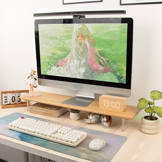 Bamboo Monitor Stand Riser with Acrylic Legs for Desk, 31.5 Inches Desktop Shelf Supports for PC Computer Monitor, Laptops, Printer, Speakers (Natural)