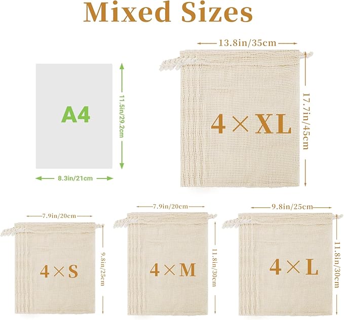 16 Pack Reusable Produce Bags, Mesh Vegetable Grocery Bag Washable, 100% Cotton Drawstring Net Storage Bags for Refrigerator, Shopping, Veggies and Fruits, Beach, Transporting, Durable, (4XL,4L,4M,4S)