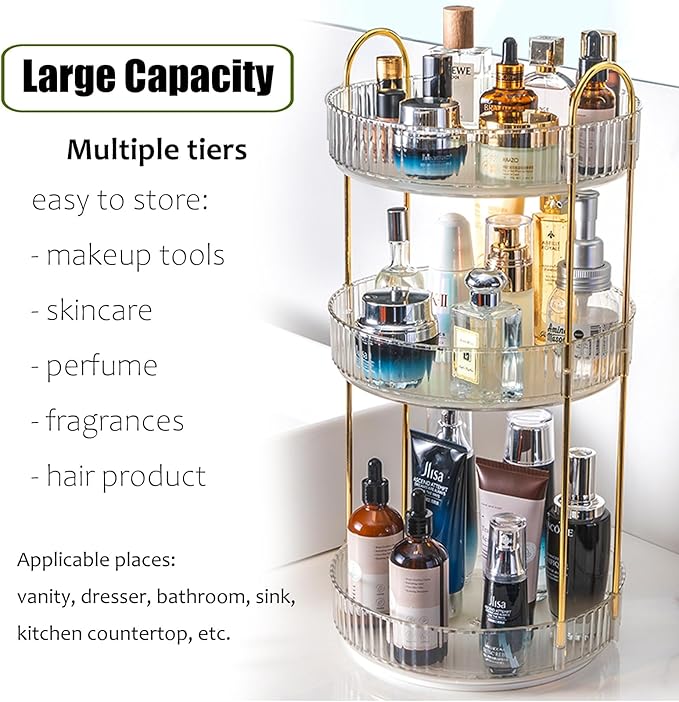 Rotating Makeup Organizer Countertop 3 Tier Lazy Susan Trays Clear Skincare Perfume Storage for Bathroom Counter Vanity, Transparent