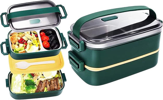 Stainless Steel Bento Box for Adults&Kids,Japanese Leakproof Lunch Box Divided Food Meal Storage Containers Set Stackable 2 Layer for Children School Picnic Green