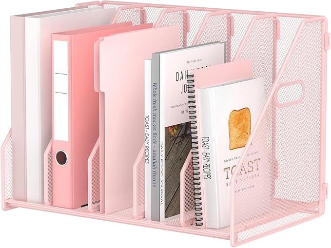 Desk File Organizer Metal Desk Magazine Folder Holder with 5 Vertical Compartments Rack File Organizer for Office, Home, School (Pink)